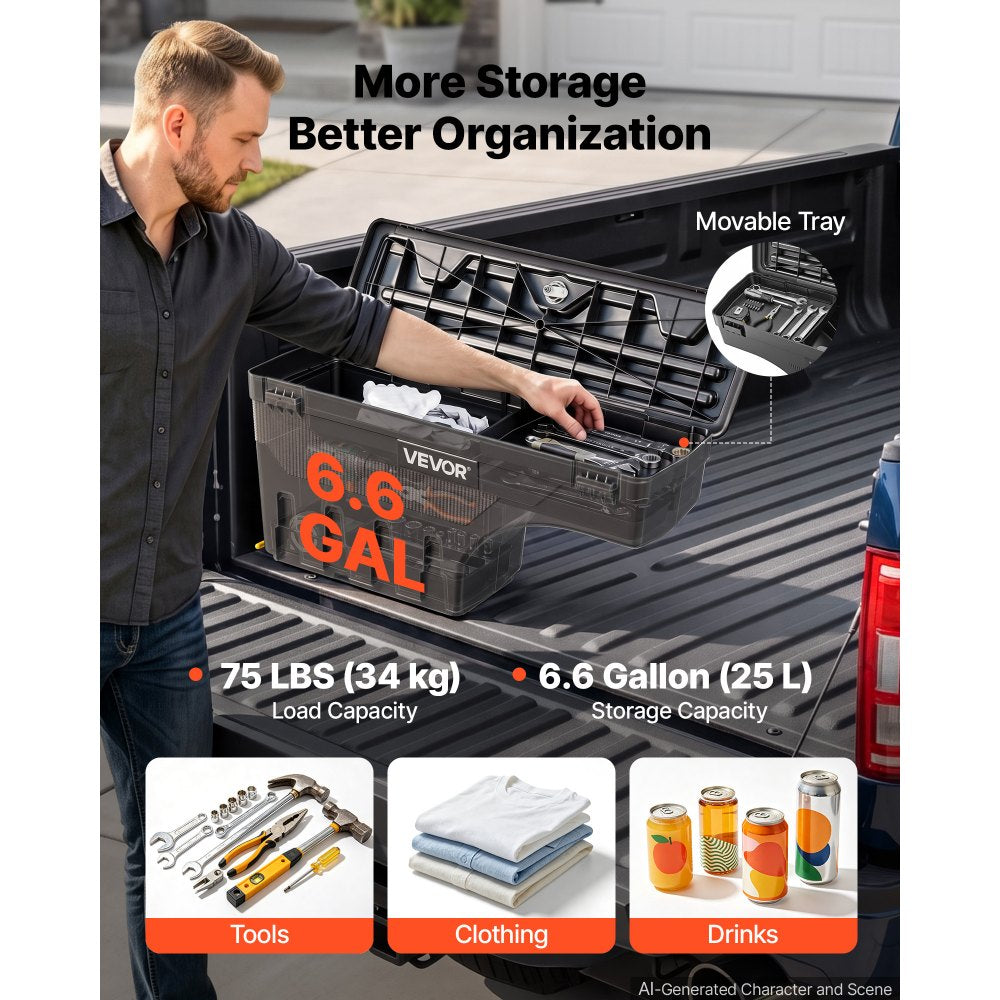 VEVOR Truck Bed Storage Box, 6.6 Gal/25 L Waterproof ABS Wheel Well Tool Box with Anti-Theft Combination Lock, Compatible with 1997-2014 Ford F-150, Driver Side Left (Drilling Required)