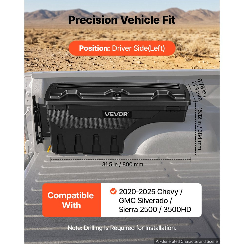 VEVOR Truck Bed Storage Box, 6.6 Gal/25L Waterproof ABS Wheel Well Tool Box with Anti-Theft Lock, Compatible with 2020-2025 Chevy/GMC Silverado/Sierra 2500/3500HD, Driver Side Left (Drilling Required)