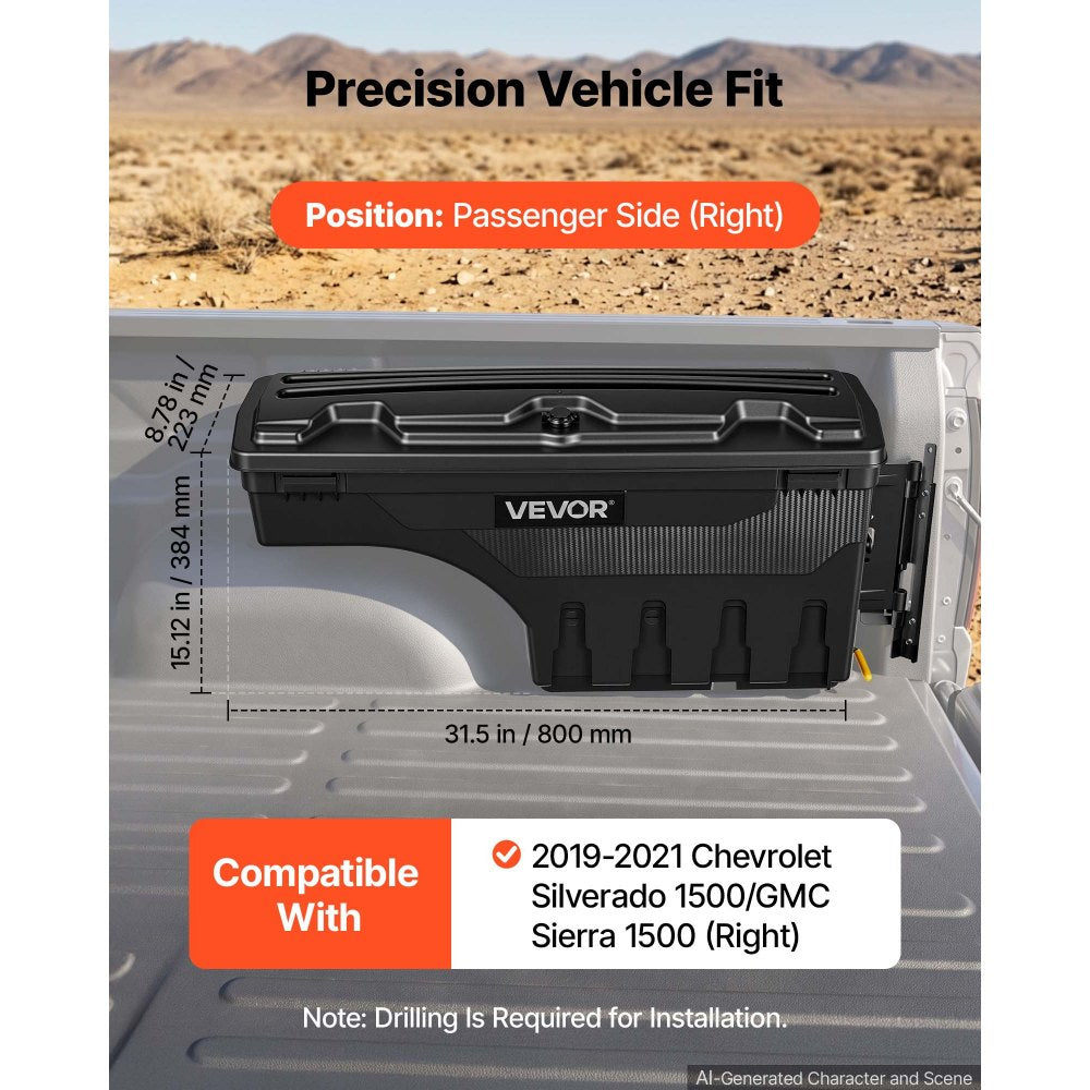VEVOR Truck Bed Storage Box, 6.6 Gal/25L Waterproof ABS Wheel Well Toolbox, Anti-Theft Lock, Compatible with 2019-2021 Chevrolet Silverado 1500/GMC Sierra 1500, Passenger Side Right (Drilling Require)