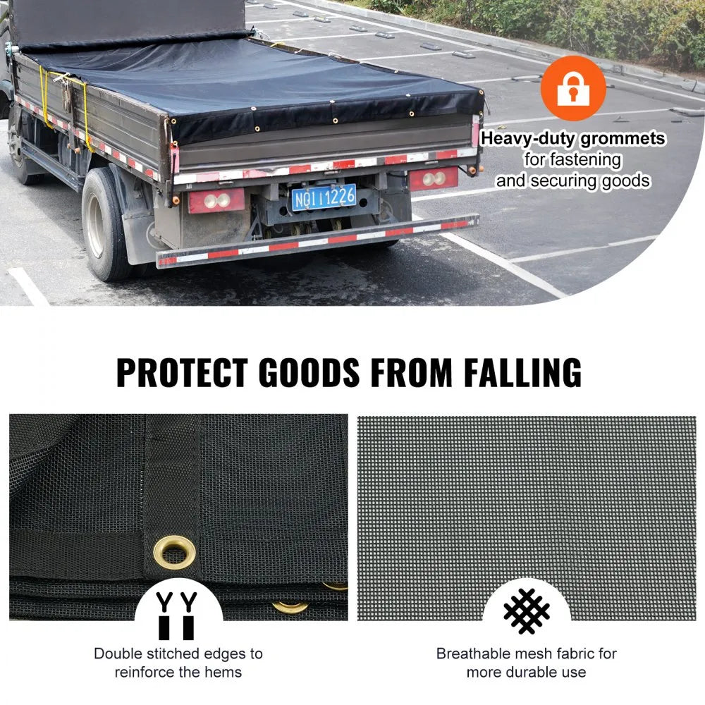 VEVOR Dump Truck Mesh Tarp, 7 x 14 ft, PVC Coated Black Heavy Duty Cover with 5.5" 18oz Double Pocket, Brass Grommets, Reinforced Double Needle Stitch Webbing Fits Manual or Electric Dump Truck System