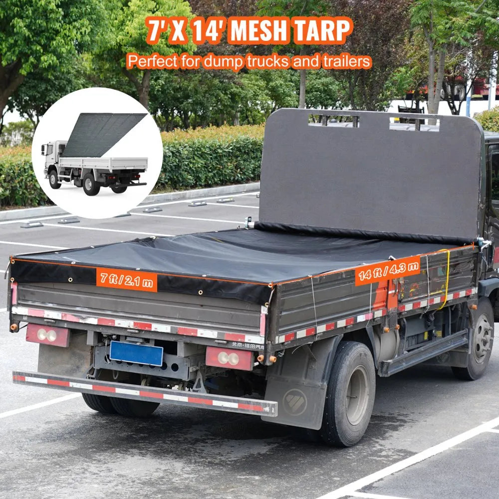 VEVOR Dump Truck Mesh Tarp, 7 x 14 ft, PVC Coated Black Heavy Duty Cover with 5.5" 18oz Double Pocket, Brass Grommets, Reinforced Double Needle Stitch Webbing Fits Manual or Electric Dump Truck System
