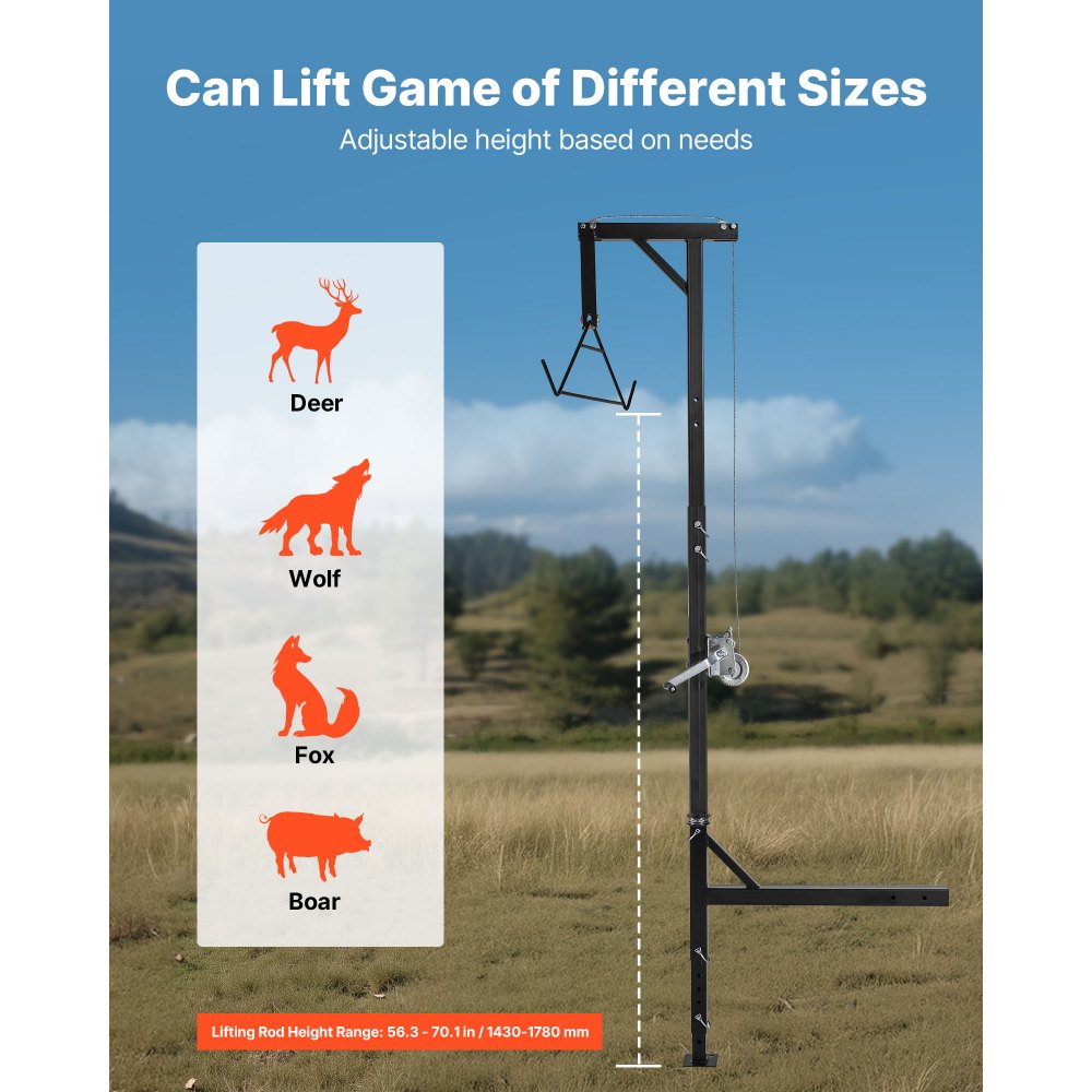 VEVOR Truck Hitch Game Hoist, 500 lbs Load Capacity, Hunting Deer Hoist with 2-inch Receiver, 360-Degree Swivel Shaft & Adjustable Height, Includes Gambrel Winch for Skinning & Cleaning Game