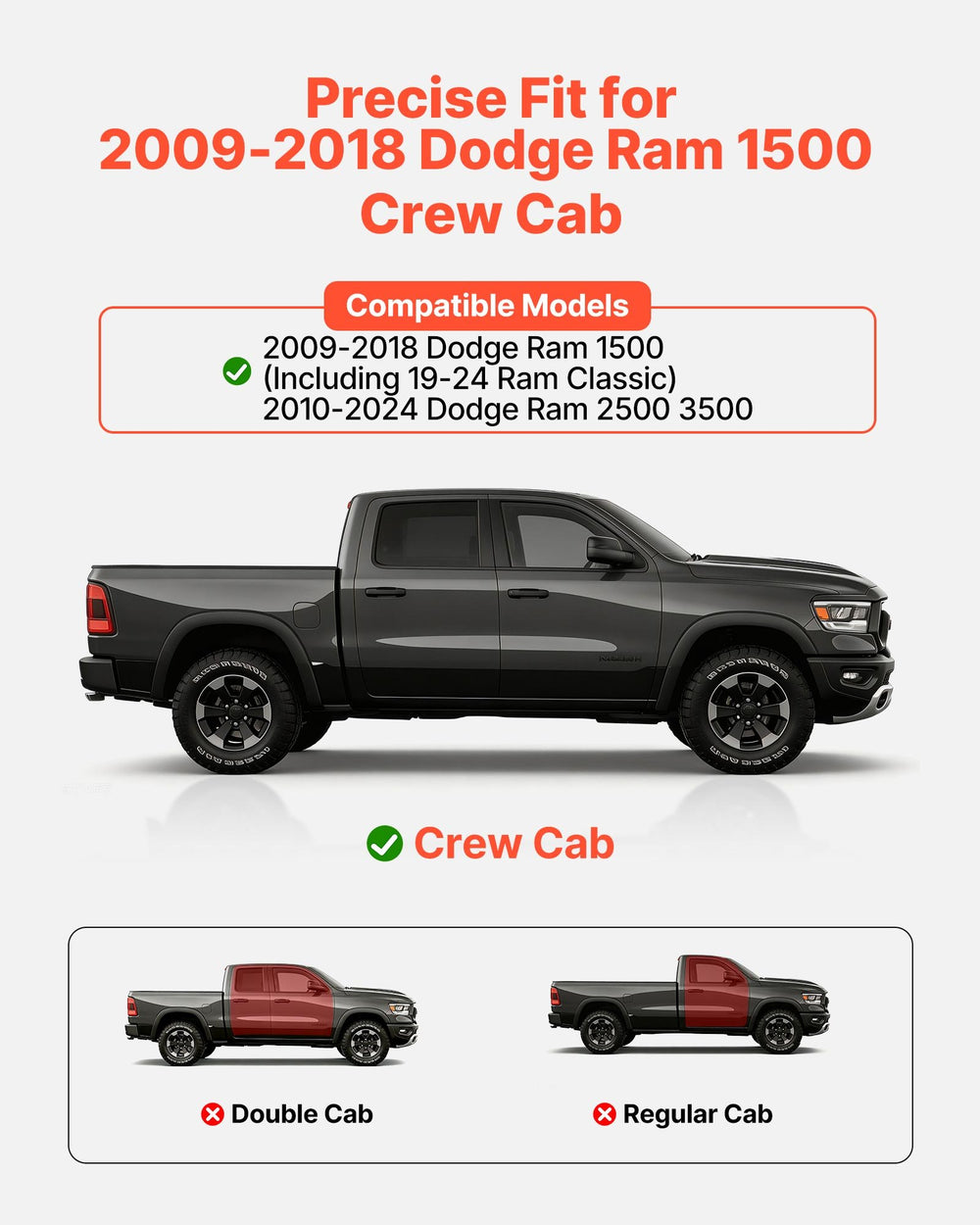 VEVOR Running Boards, 4 Inches Side Steps Compatible with 2009-2018 Dodge Ram 1500 (Including 19-24 Classic), 2010-2024 Dodge Ram 2500/3500 Crew Cab, Black Carbon Steel Nerf Bars, 550 lbs Capacity