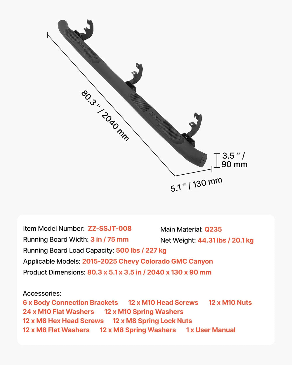 VEVOR Running Boards, 3 Inches Side Steps Compatible with 2015-2025 Chevy Colorado/GMC Canyon Crew Cab, Black Carbon Steel Nerf Bars, 550 lbs Load Capacity, Non-Slip Surface with Rustproof Coating