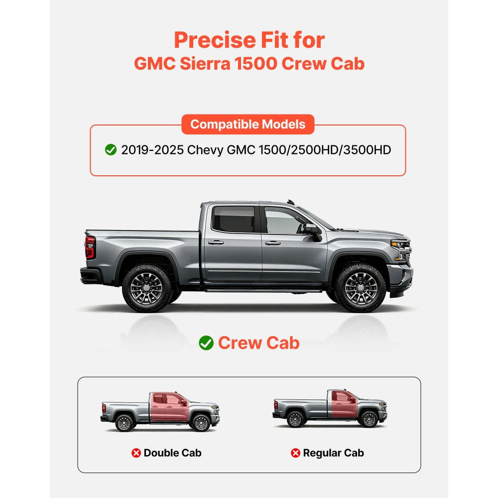 VEVOR Running Boards, 3 Inches Side Steps Compatible with 2019-2025 Chevy GMC 1500/2500HD/3500HD Crew Cab, Black Carbon Steel Nerf Bars, 550 lbs Load Capacity, Non-Slip Surface with Rustproof Coating