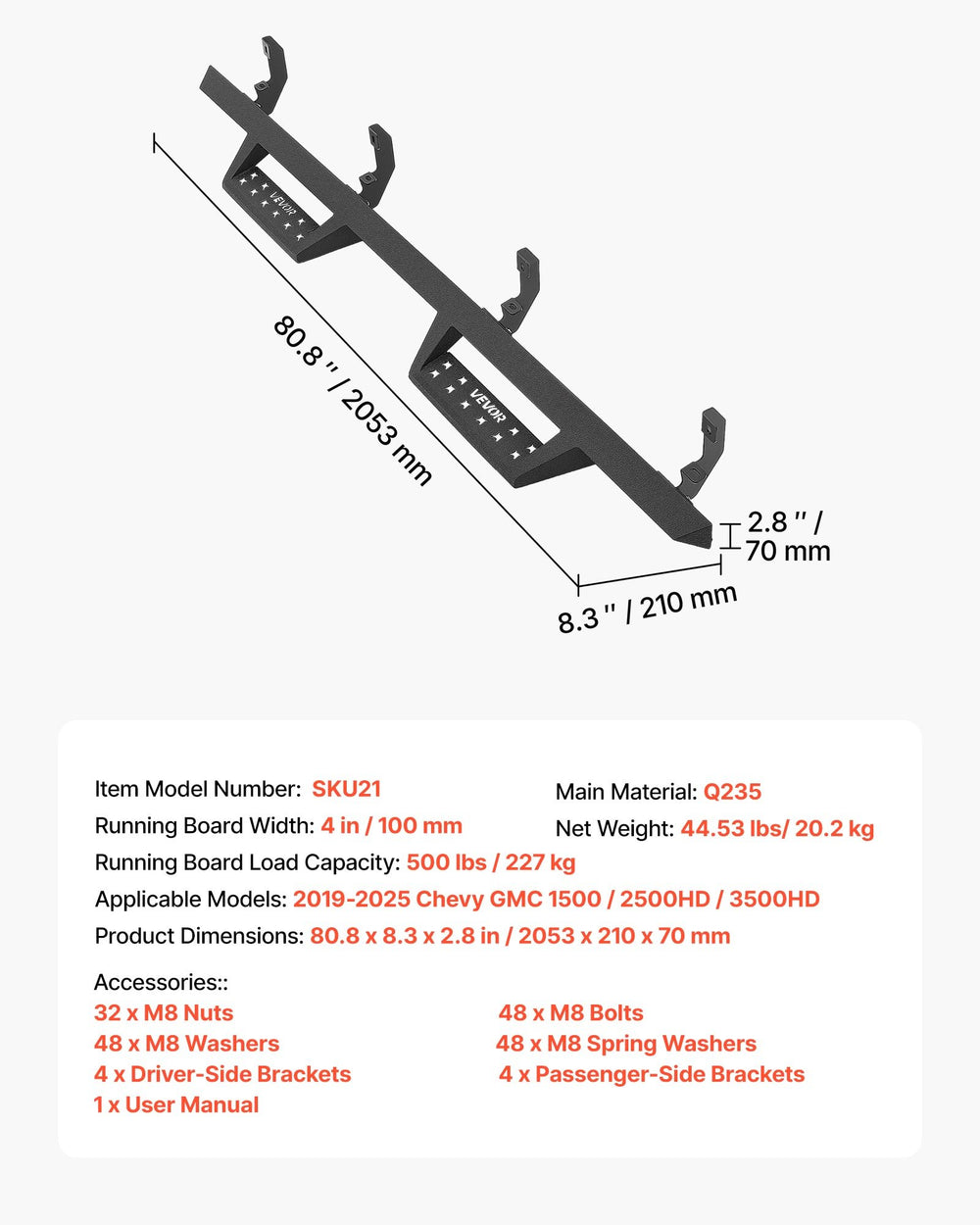 VEVOR Running Boards, 4 Inches Side Steps Compatible with 2019-2025 Chevy GMC 1500/2500HD/3500HD Crew Cab, Black Carbon Steel Nerf Bars, 550 lbs Load Capacity, Non-Slip Surface with Rustproof Coating