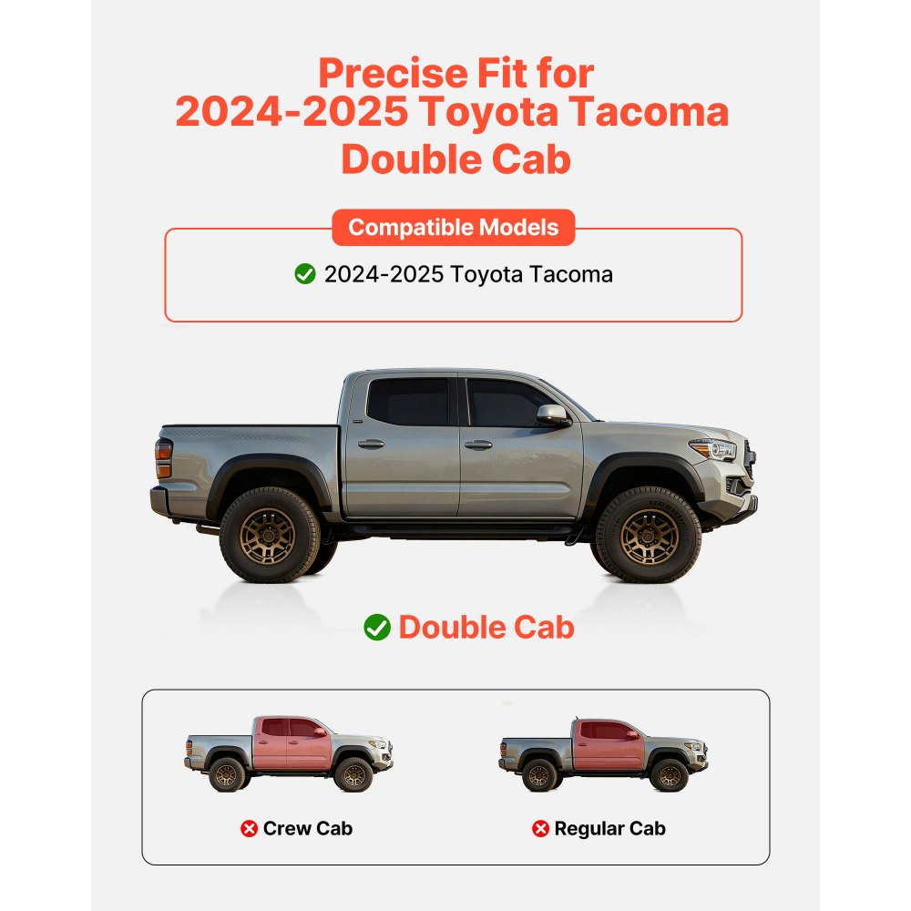VEVOR Running Boards, 4 Inches Side Steps Compatible with 2024-2025 Toyota Tacoma Double Cab, Black Carbon Steel Nerf Bars, 550 lbs Load Capacity, Wide Non-Slip Hollow Surface with Rustproof Coating