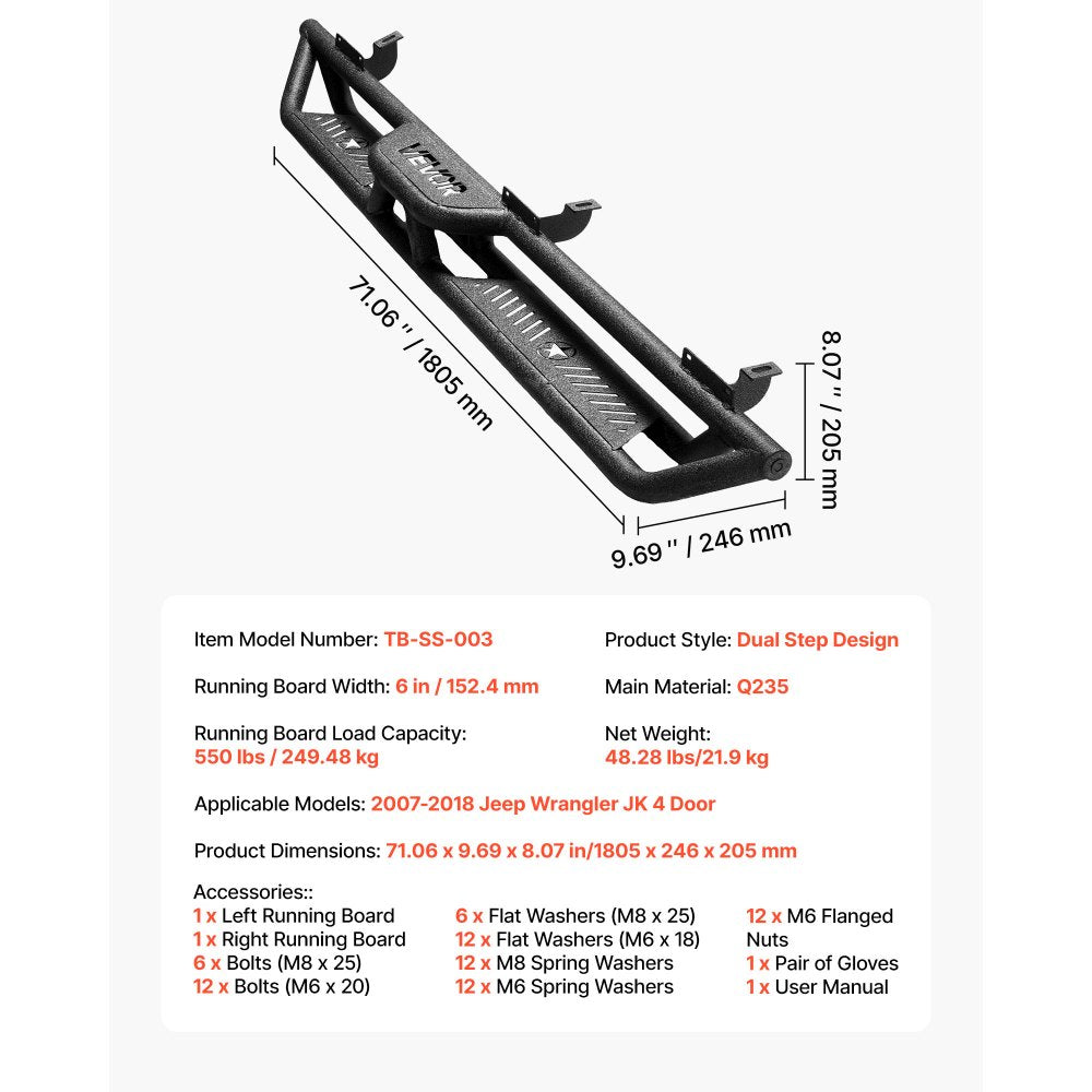 VEVOR running boards dimensions and package accessories overview