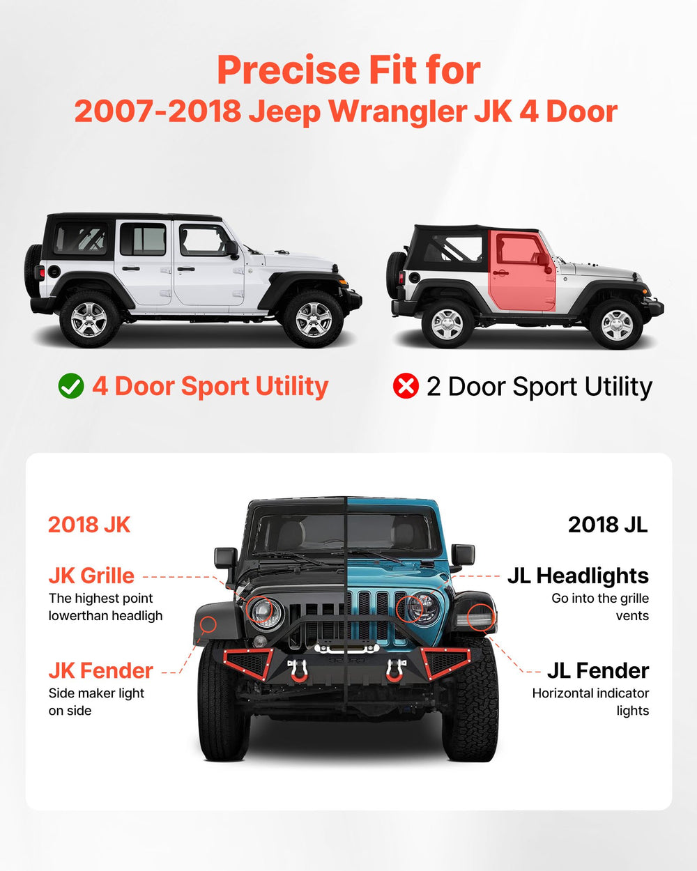 VEVOR running boards fitment guide for 2007-2018 Jeep Wrangler JK 4 Door