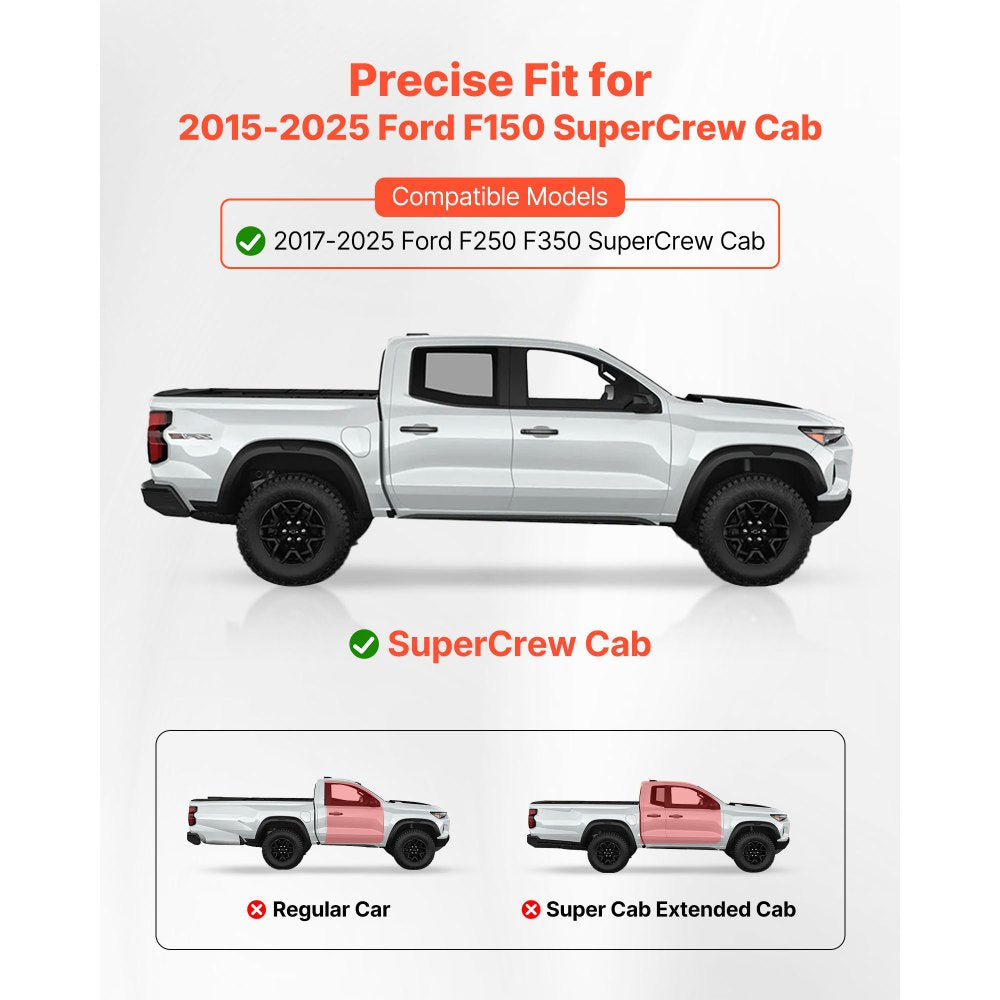 VEVOR Running Boards, 6 Inches Side Steps Compatible with 2015-2025 Ford F150 SuperCrew Cab, 2017-2025 Ford F150 SuperCrew Cab, Black Carbon Steel Nerf Bars, 550 lbs Load Capacity, Non-Slip Surface
