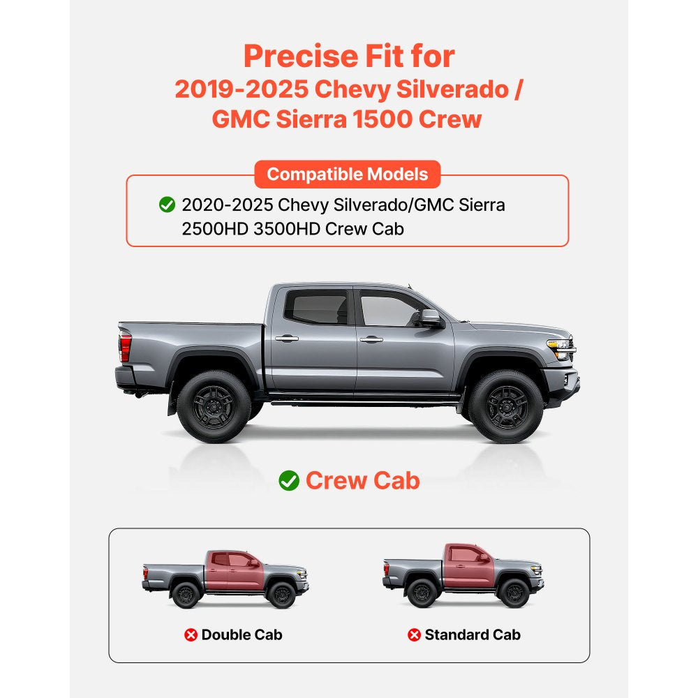 VEVOR Running Boards, 6 Inches Side Steps Compatible with 2019-2025 Chevy Silverado/GMC Sierra 1500 Crew Cab, 20-25 Chevy Silverado/GMC Sierra 2500HD 3500HD Crew Cab, Black Textured Aluminum Nerf Bars