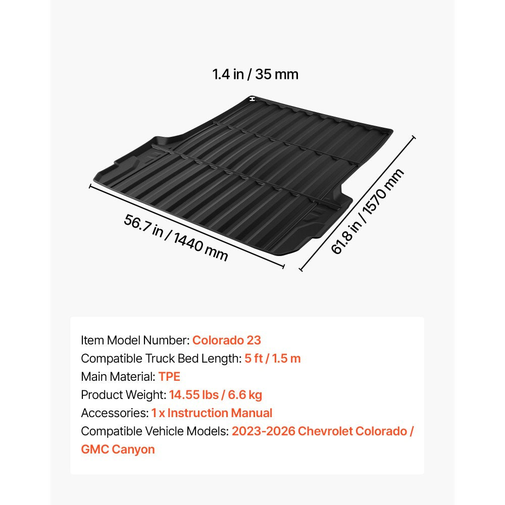 VEVOR Truck Bed Mat, TPE, Fit for 2023-2025 Chevy Colorado&GMC Canyon 5FT Bed, Heavy Duty Custom Fit, All Weather Protection Trunk Liner, for 23-25 Chevrolet Colorado/GMC Canyon Pickup Accessories