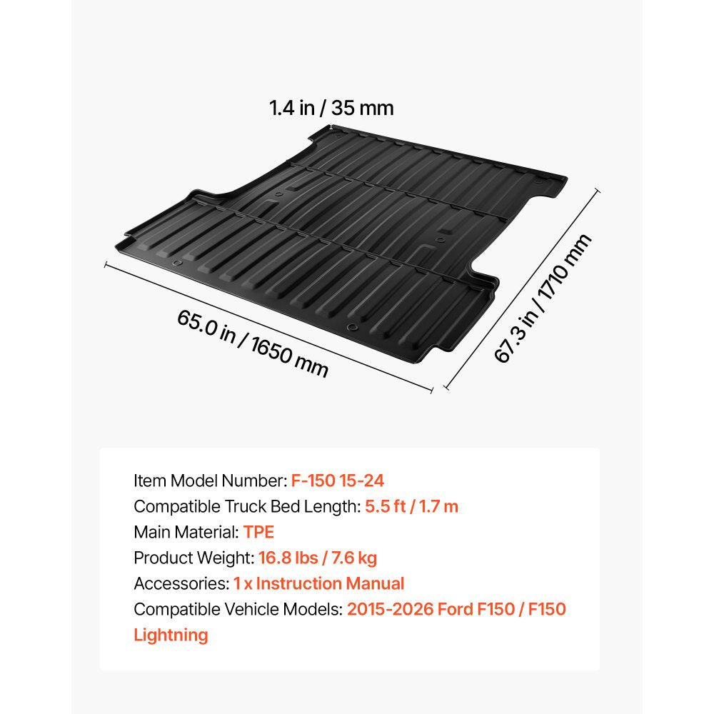 VEVOR Truck Bed Mat, TPE, Compatible with 2015-2026 Ford F150 Lightning Bed, Heavy Duty Custom Fit, All Weather Protection Pickup Car Cargo Trunk Liner Replacement, for 2015-2026 Ford F150 Accessories