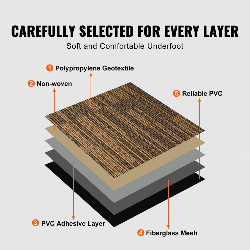VEVOR Carpet Tiles Reusable, 20"x 20"Carpet Squares With Padding Attached, Soft Padded Carpet Tiles, Easy Install DIY for Bedroom Living Room (12Tiles, Mixed Brown)