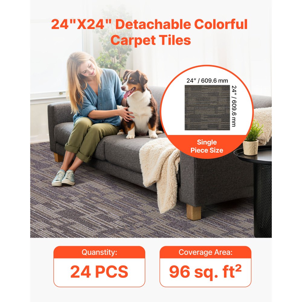 VEVOR Carpet Tiles Reusable 24x24 inch, 24 PCS Modular Carpet Square Rug, Commercial Floor Soft Padded for Seamless Cover 96sq.ft², Easy DIY for Living Room Bedroom Office Indoor,Gray & Brown