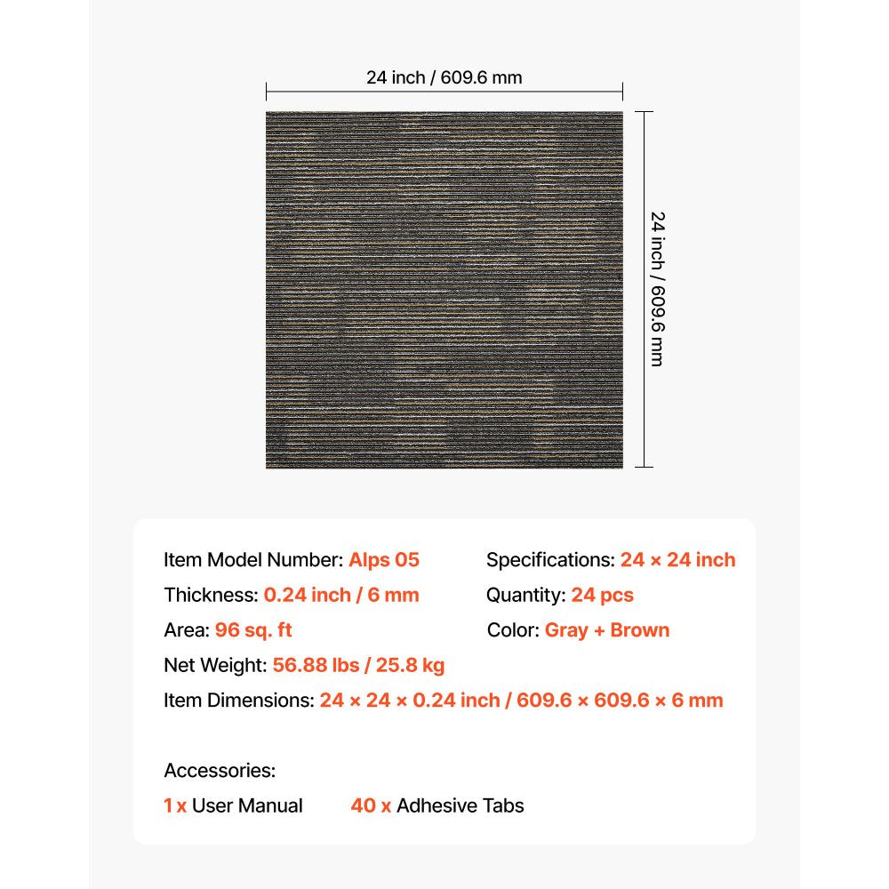 VEVOR Carpet Tiles Reusable 24x24 inch, 24 PCS Modular Carpet Square Rug, Commercial Floor Soft Padded for Seamless Cover 96sq.ft², Easy DIY for Living Room Bedroom Office Indoor,Gray & Brown
