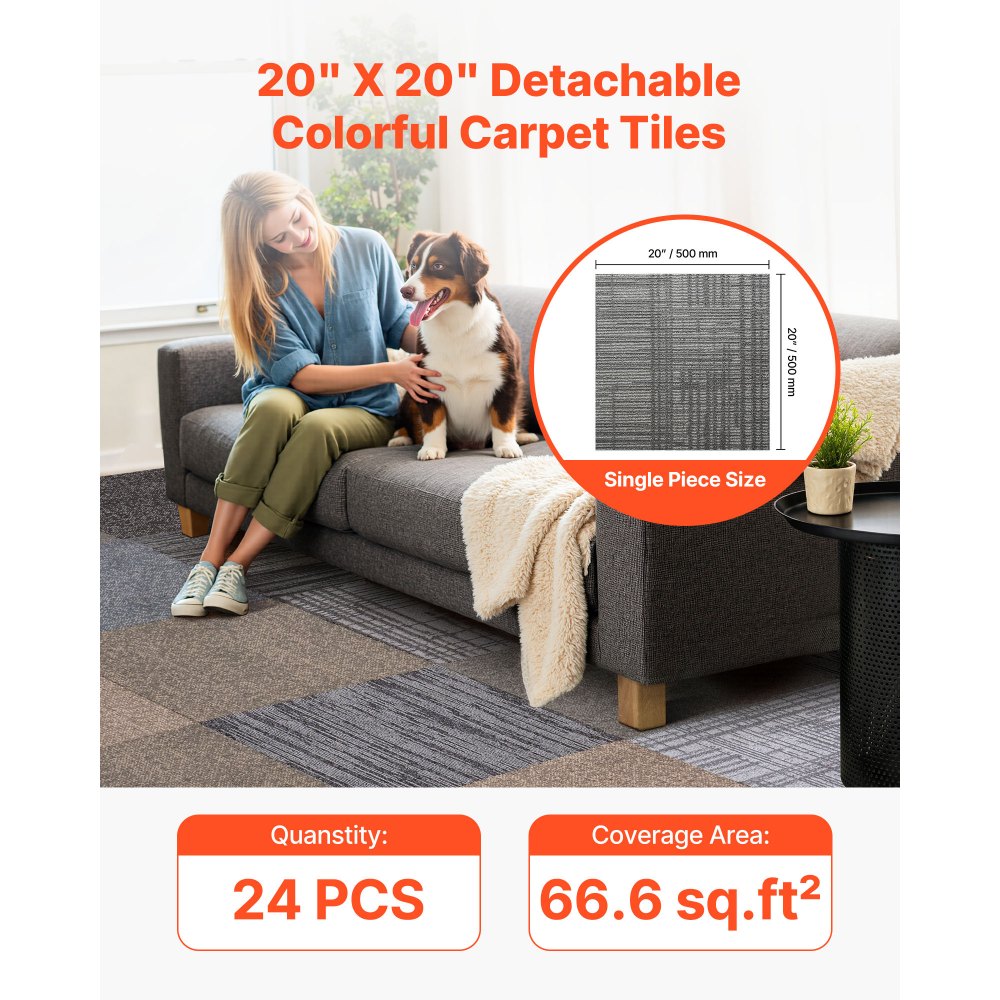 VEVOR Carpet Tiles Reusable 20x20 inch, 24 PCS Modular Carpet Square Rug, Commercial Floor Soft Padded for Seamless Cover 66.6sq.ft, Easy DIY Replacement for Living Room Bedroom Indoor,Multicolor