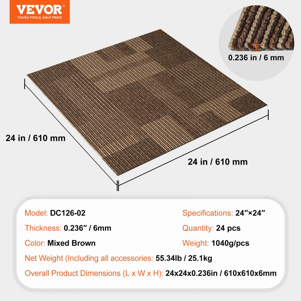 VEVOR Carpet Tiles Reusable, 24"x 24"Carpet Squares With Padding Attached, Soft Padded Carpet Tiles, Easy Install DIY for Bedroom Living Room (24Tiles, Mixed Brown)