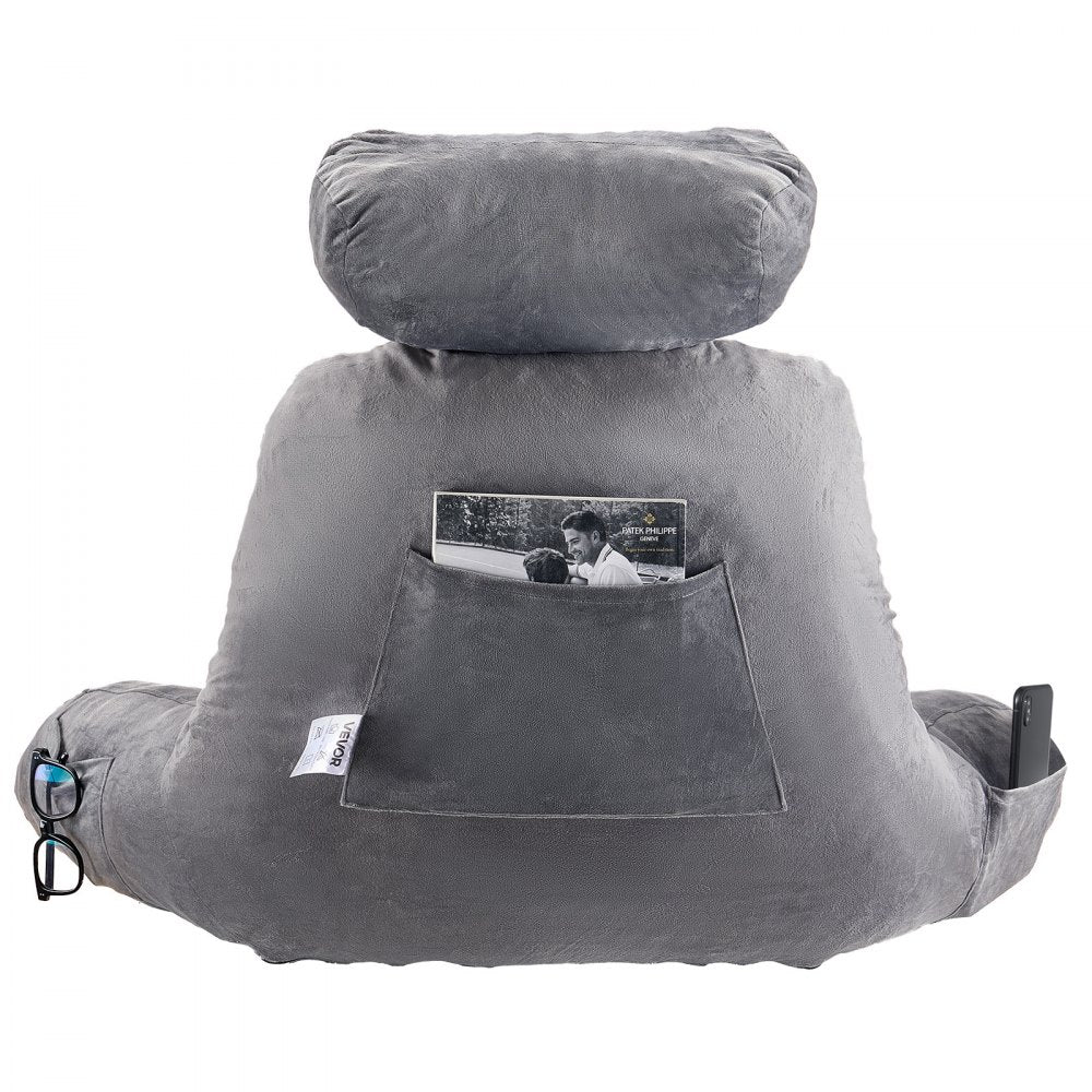 VEVOR Reading Pillow, Large Bed Pillow with Removable Headrest, Back Pillow with 3 Pockets, Shredded Memory Foam and Washable Short Velvet Cloth, Side with Handles for Reading, Gaming, Resting, Grey