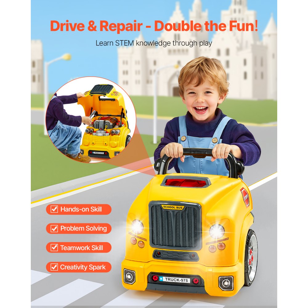 VEVOR Engine Toy, 60 Pieces, Kids Mechanic Car Repair Set with Removable Parts, Lights and Sounds, Steering Wheel and Horn, Kids Mechanic Workshop Set for Toddler Ages 3 Years and Up, Yellow