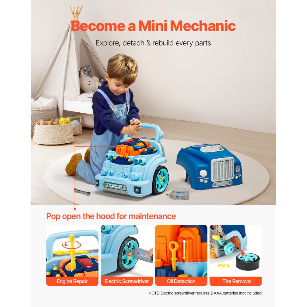 VEVOR Engine Toy, 60 Pieces, Kids Mechanic Car Repair Set with Removable Parts, Lights and Sounds, Steering Wheel and Horn, Kids Mechanic Workshop Set for Toddler Ages 3 Years and Up, Blue