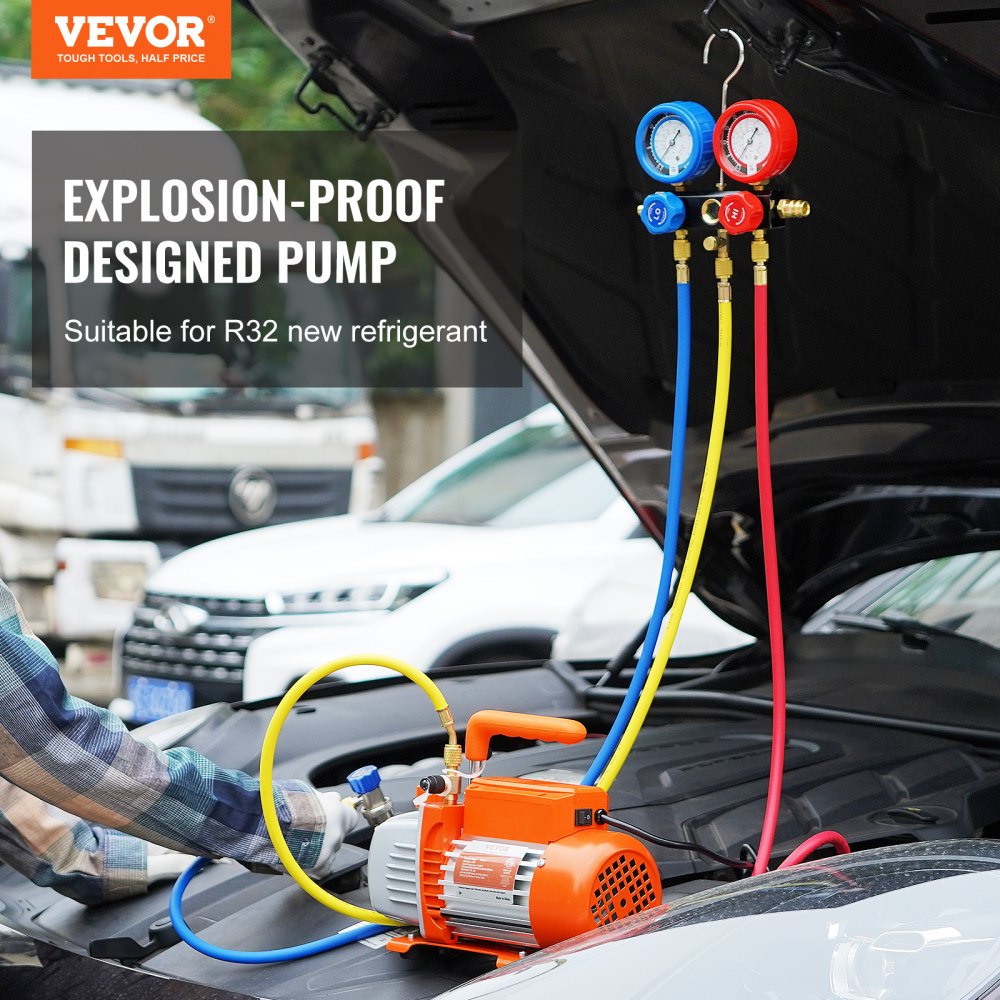 VEVOR 1/4 HP 4 CFM AC Vacuum Pump and Gauge Set, Single Stage Rotary Vane HVAC Air Vacuum Pump A/C Refrigerant Kit Manifold Gauge Set, with Three-Color Hose Carry Bag, Applicable to R134a, R410a