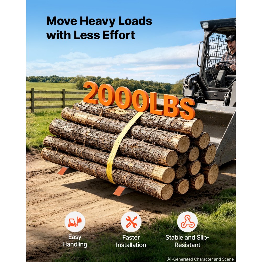 VEVOR Pallet Forks 2000 lbs Clamp-On Pallet Forks, 43 in Length Orange Tips, for Tractor Attachments, Skid Steer & Loader Bucket, Adjustable Stabilizer Bar, Heavy-Duty Reinforced Tractor Bucket Fork