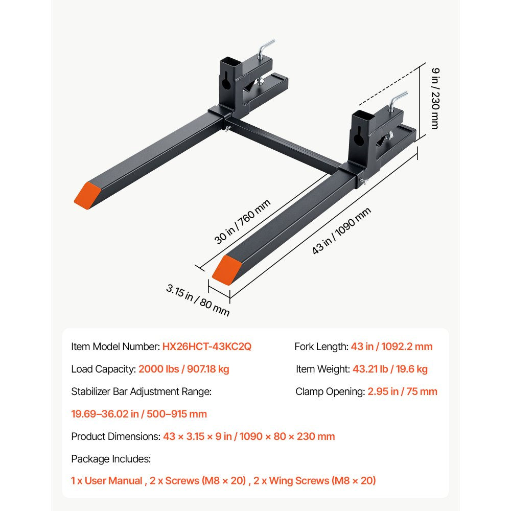 VEVOR Pallet Forks 2000 lbs Clamp-On Pallet Forks, 43 in Length Orange Tips, for Tractor Attachments, Skid Steer & Loader Bucket, Adjustable Stabilizer Bar, Heavy-Duty Reinforced Tractor Bucket Fork