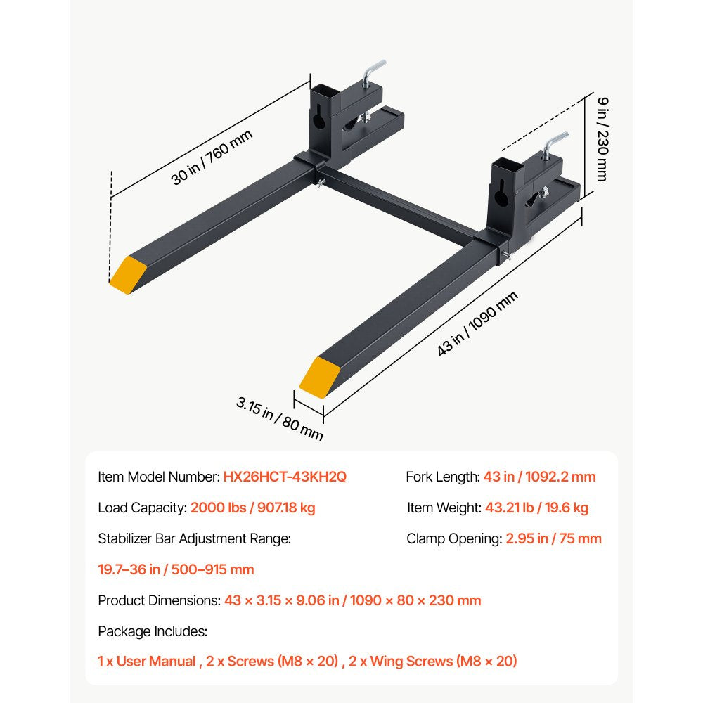 VEVOR Pallet Forks 2000 lbs Clamp-On Pallet Forks, 43 in Length Yellow Tips, for Tractor Attachments, Skid Steer & Loader Bucket, Adjustable Stabilizer Bar, Heavy-Duty Reinforced Tractor Bucket Fork