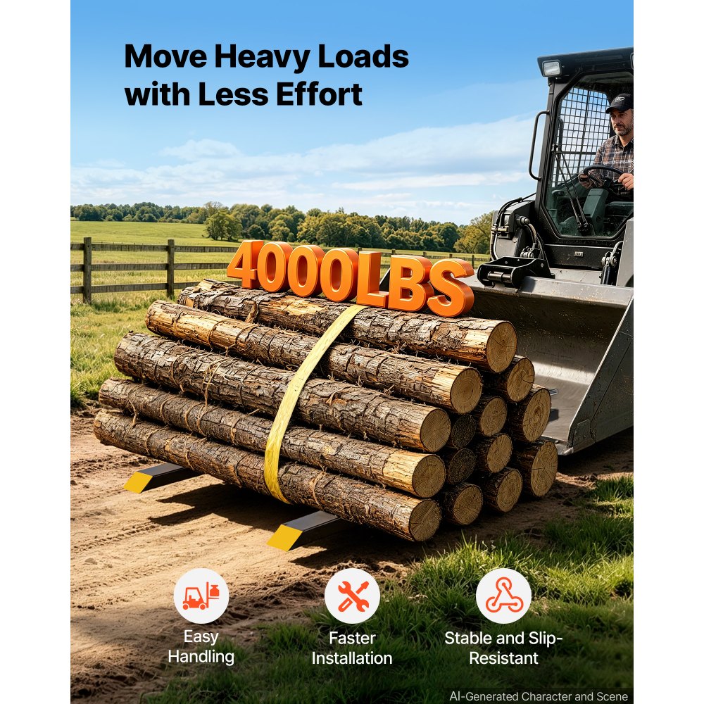 VEVOR Pallet Forks 4000 lbs Clamp-On Pallet Forks, 60 in Length Yellow Tips, for Tractor Attachments, Skid Steer & Loader Bucket, Adjustable Stabilizer Bar, Heavy-Duty Reinforced Tractor Bucket Fork