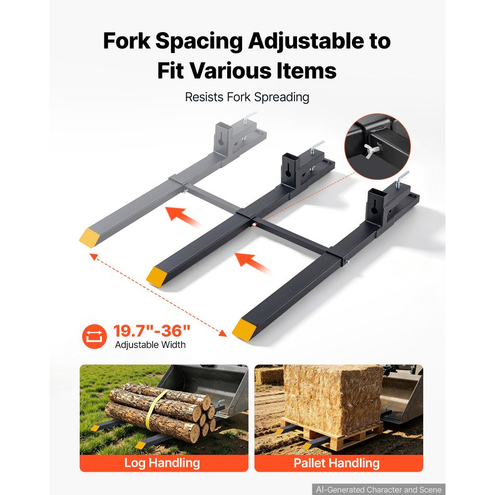 VEVOR Pallet Forks 4000 lbs Clamp-On Pallet Forks, 60 in Length Yellow Tips, for Tractor Attachments, Skid Steer & Loader Bucket, Adjustable Stabilizer Bar, Heavy-Duty Reinforced Tractor Bucket Fork
