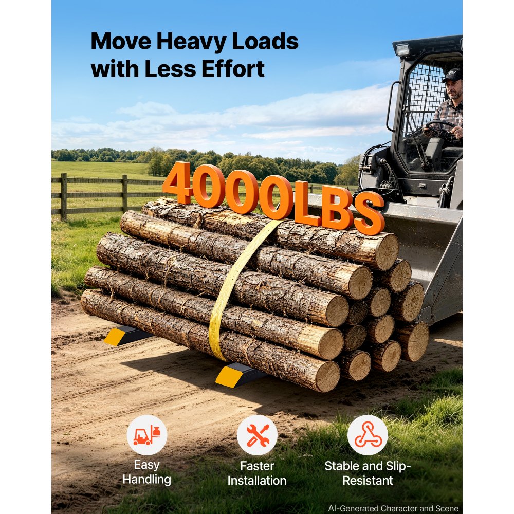 VEVOR Pallet Forks 4000 lbs Clamp-On Pallet Forks, 60 in Length Yellow Tips, Suitable for Tractor Attachments, Skid Steer and Loader Bucket, Adjustable Stabilizer Bar, Heavy-Duty Tractor Bucket Fork