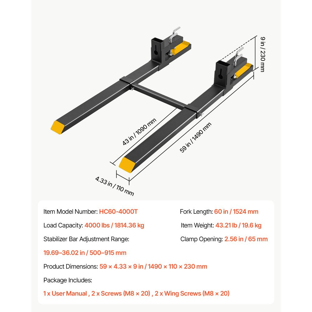 VEVOR Pallet Forks 4000 lbs Clamp-On Pallet Forks, 60 in Length Yellow Tips, Suitable for Tractor Attachments, Skid Steer and Loader Bucket, Adjustable Stabilizer Bar, Heavy-Duty Tractor Bucket Fork