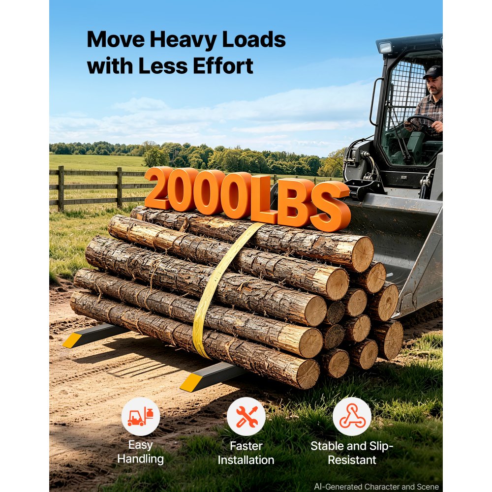 VEVOR Pallet Forks 2000 lbs Clamp-On Pallet Forks, 60 in Length Yellow Tips, for Tractor Attachments, Skid Steer & Loader Bucket, Adjustable Stabilizer Bar, Heavy-Duty Reinforced Tractor Bucket Fork