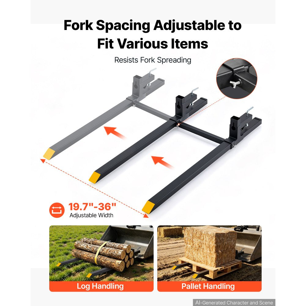 VEVOR Pallet Forks 2000 lbs Clamp-On Pallet Forks, 60 in Length Yellow Tips, for Tractor Attachments, Skid Steer & Loader Bucket, Adjustable Stabilizer Bar, Heavy-Duty Reinforced Tractor Bucket Fork