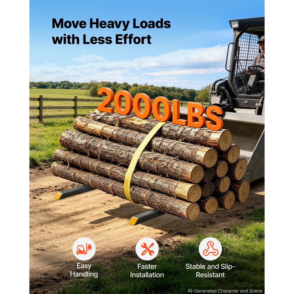 VEVOR Pallet Forks 2000 lbs Clamp-On Pallet Forks, 60 in Length Yellow Tips, Suitable for Tractor Attachments, Skid Steer and Loader Bucket, Adjustable Stabilizer Bar, Heavy-Duty Tractor Bucket Fork
