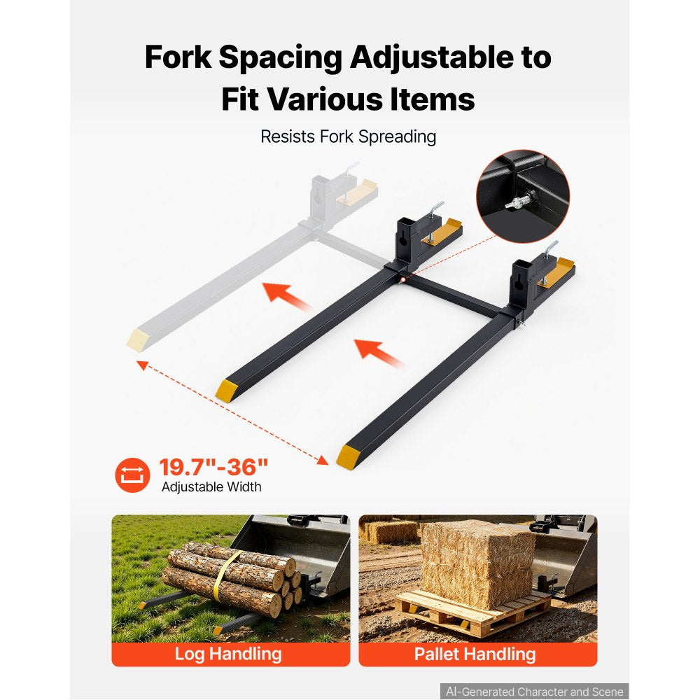VEVOR Pallet Forks 2000 lbs Clamp-On Pallet Forks, 60 in Length Yellow Tips, Suitable for Tractor Attachments, Skid Steer and Loader Bucket, Adjustable Stabilizer Bar, Heavy-Duty Tractor Bucket Fork
