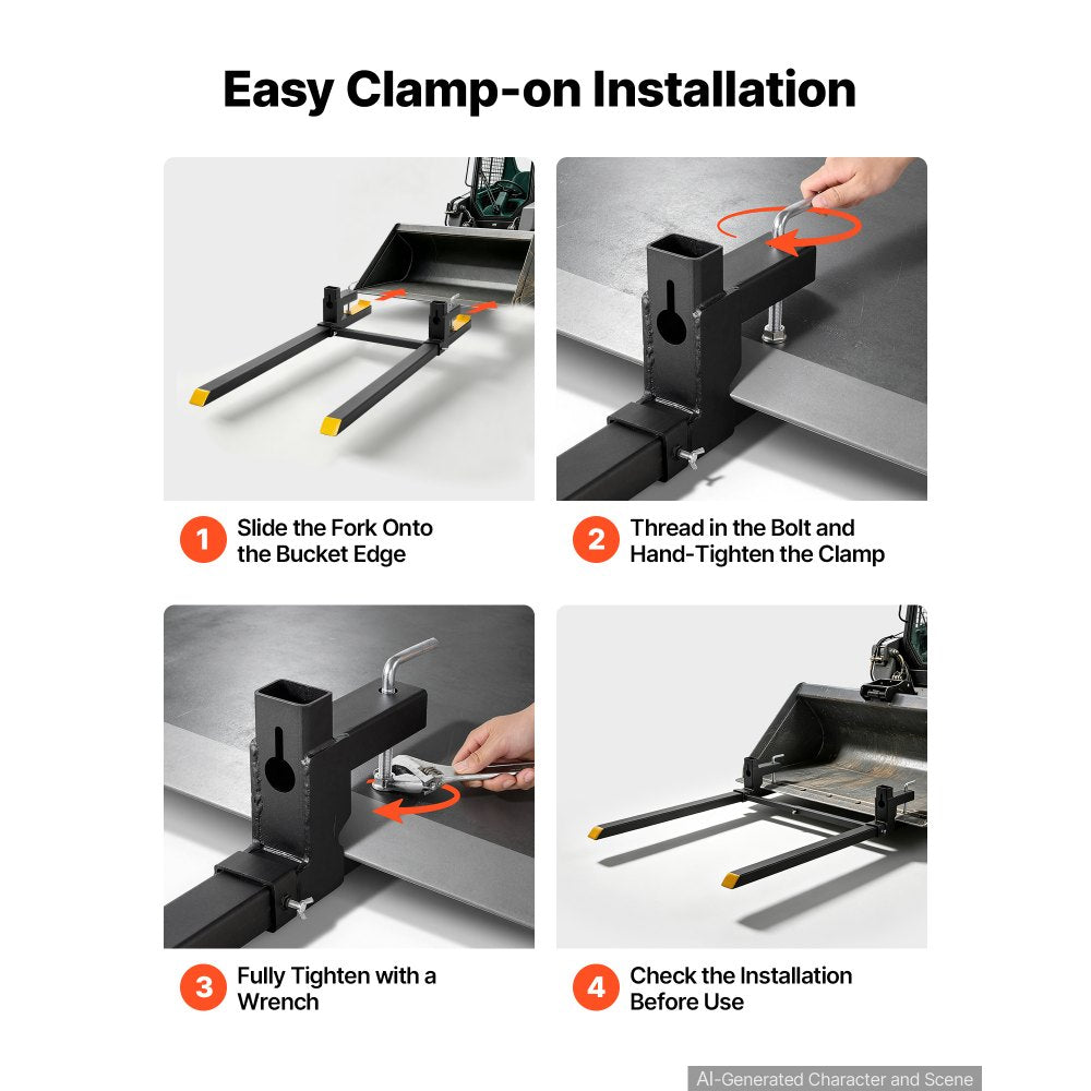 VEVOR Pallet Forks 2000 lbs Clamp-On Pallet Forks, 60 in Length Yellow Tips, Suitable for Tractor Attachments, Skid Steer and Loader Bucket, Adjustable Stabilizer Bar, Heavy-Duty Tractor Bucket Fork
