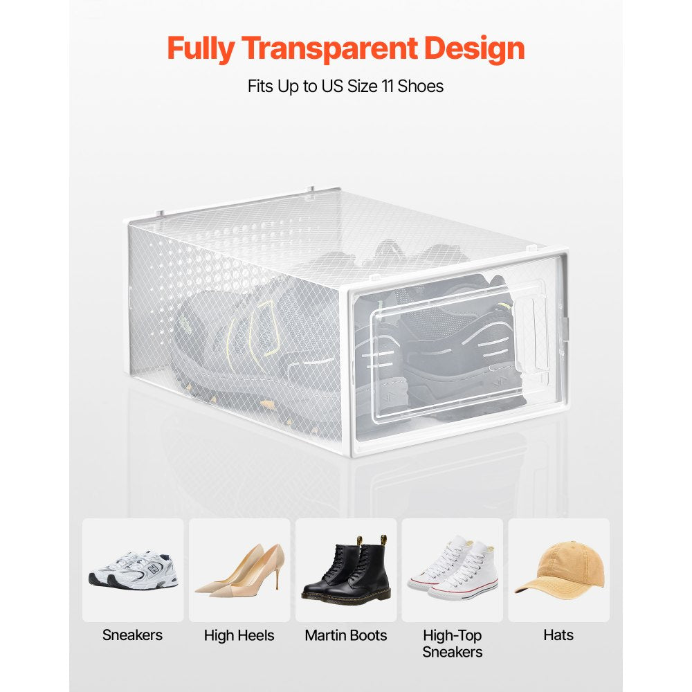 VEVOR Shoe Storage Boxes, 12 Pack Stackable Shoe Boxes Storage Organizers, Fit up to US Size 11, Plastic Modular Space Saving Sneaker Containers for Storing High Heels, Boots, and Hats, White Frame