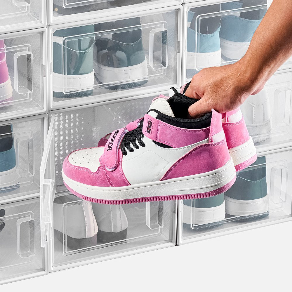 VEVOR Shoe Storage Boxes, 12 Pack Stackable Shoe Boxes Storage Organizers, Fit up to US Size 11, Plastic Modular Space Saving Sneaker Containers for Storing High Heels, Boots, and Hats, White Frame