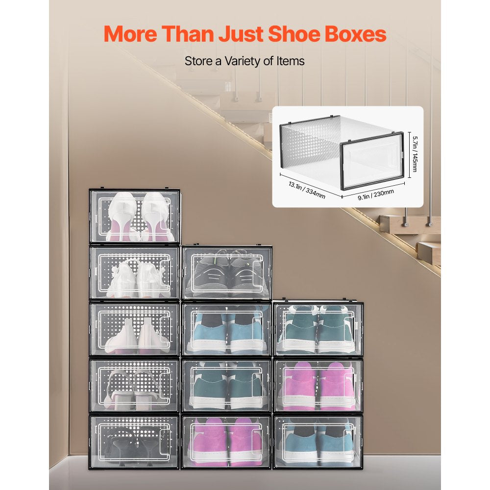 VEVOR Shoe Storage Boxes, 12 Pack Stackable Shoe Boxes Storage Organizers, Fit up to US Size 11, Plastic Modular Space Saving Sneaker Containers for Storing High Heels, Boots, and Hats, Black Frame