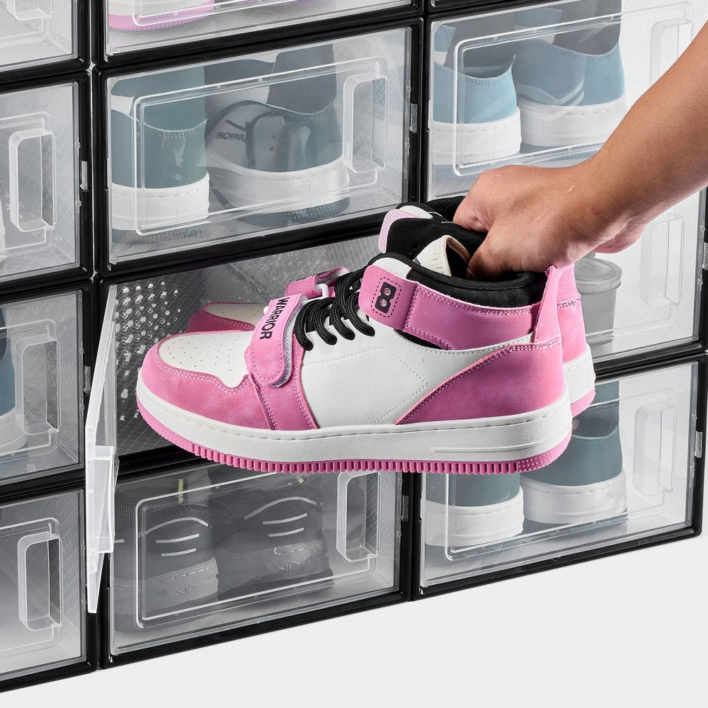 VEVOR Shoe Storage Boxes, 12 Pack Stackable Shoe Boxes Storage Organizers, Fit up to US Size 11, Plastic Modular Space Saving Sneaker Containers for Storing High Heels, Boots, and Hats, Black Frame