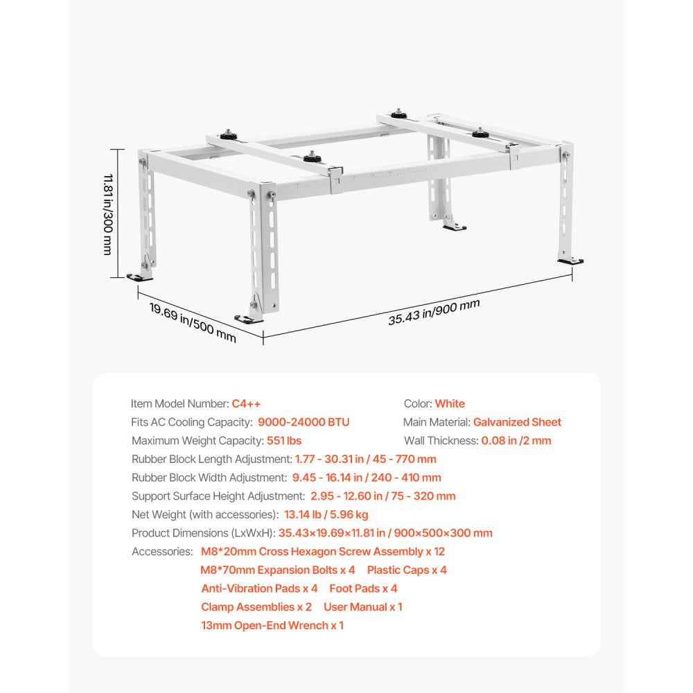 VEVOR Mini Split Ground Stand, Adjustable Anti-Vibration Mini Split Stand for 9000-24000 BTU Ductless Air Conditioner Heat Pump, Heavy Duty AC Base Bracket Floor Mount w/ 551LBS Max. Load Capacity