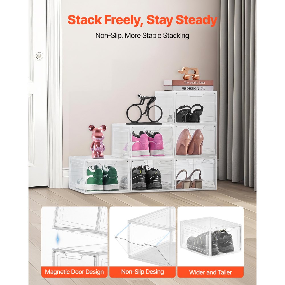 VEVOR Shoe Storage Boxes, 6 Pack Clear Stackable Shoe Boxes Storage Organizers with Magnetic Door, Fit up to US Size 13, Plastic Sneaker Containers for High Heels, Boots, and Hats, Transparent White