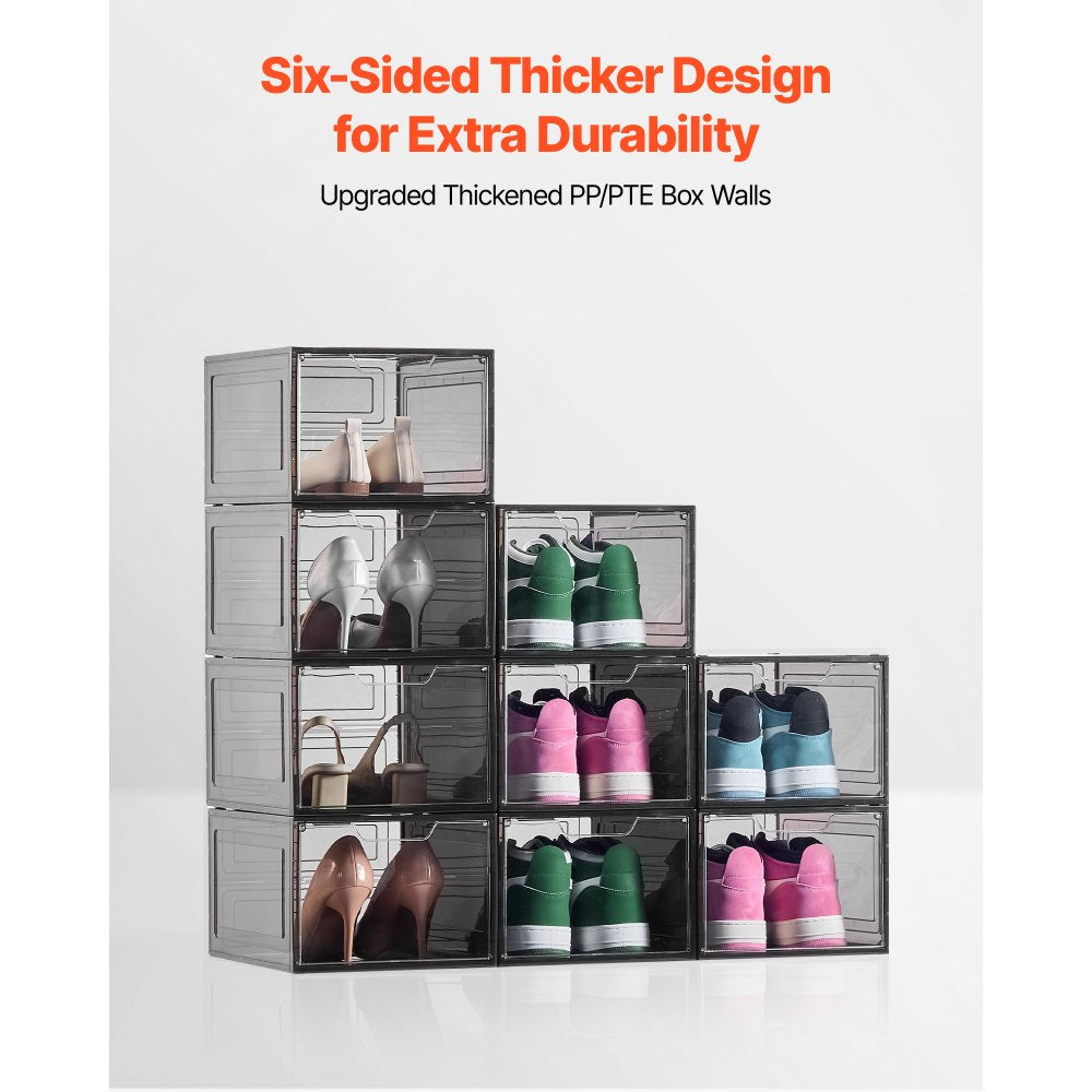 VEVOR Shoe Storage Boxes, 9 Pack Clear Stackable Shoe Boxes Storage Organizers with Magnetic Door, Fit up to US Size 13, Plastic Sneaker Containers for High Heels, Boots, and Hats, Transparent Black
