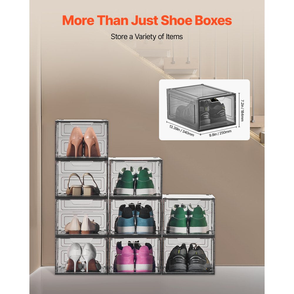 VEVOR Shoe Storage Boxes, 9 Pack Clear Stackable Shoe Boxes Storage Organizers with Magnetic Door, Fit up to US Size 13, Plastic Sneaker Containers for High Heels, Boots, and Hats, Transparent Black