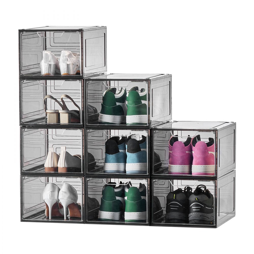 VEVOR Shoe Storage Boxes, 9 Pack Clear Stackable Shoe Boxes Storage Organizers with Magnetic Door, Fit up to US Size 13, Plastic Sneaker Containers for High Heels, Boots, and Hats, Transparent Black