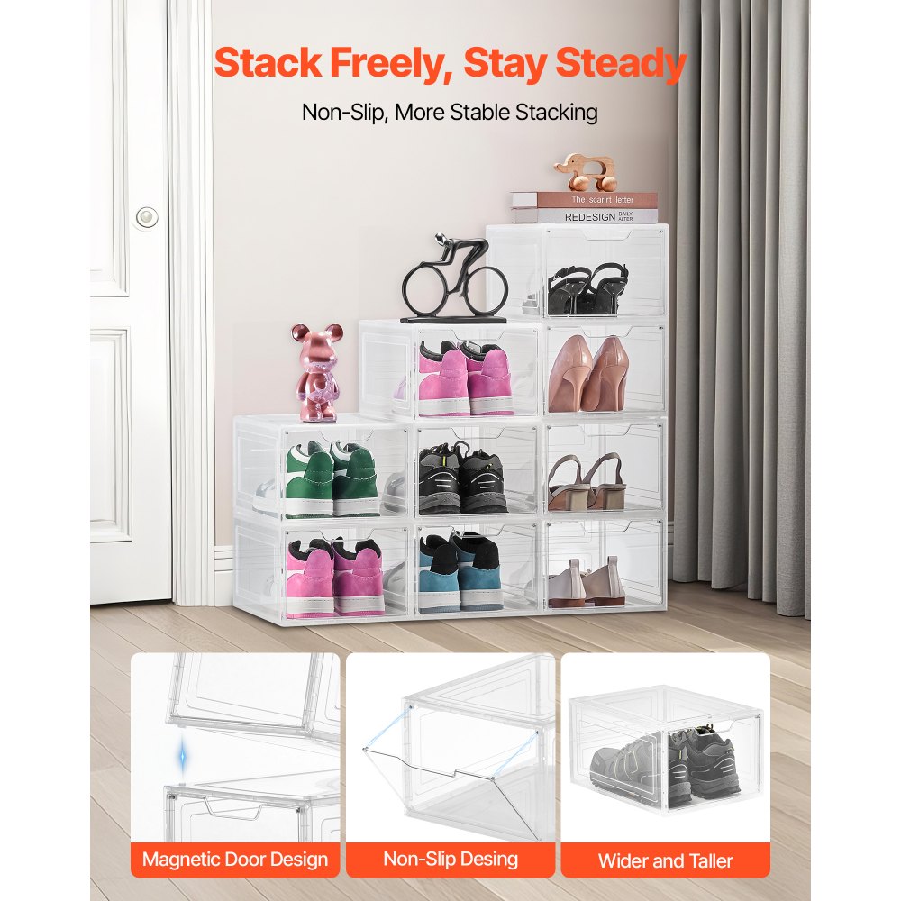 VEVOR Shoe Storage Boxes, 9 Pack Clear Stackable Shoe Boxes Storage Organizers with Magnetic Door, Fit up to US Size 13, Plastic Sneaker Containers for High Heels, Boots, and Hats, Transparent White