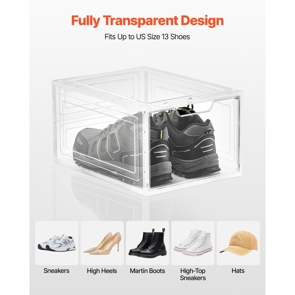 VEVOR Shoe Storage Boxes, 9 Pack Clear Stackable Shoe Boxes Storage Organizers with Magnetic Door, Fit up to US Size 13, Plastic Sneaker Containers for High Heels, Boots, and Hats, Transparent White