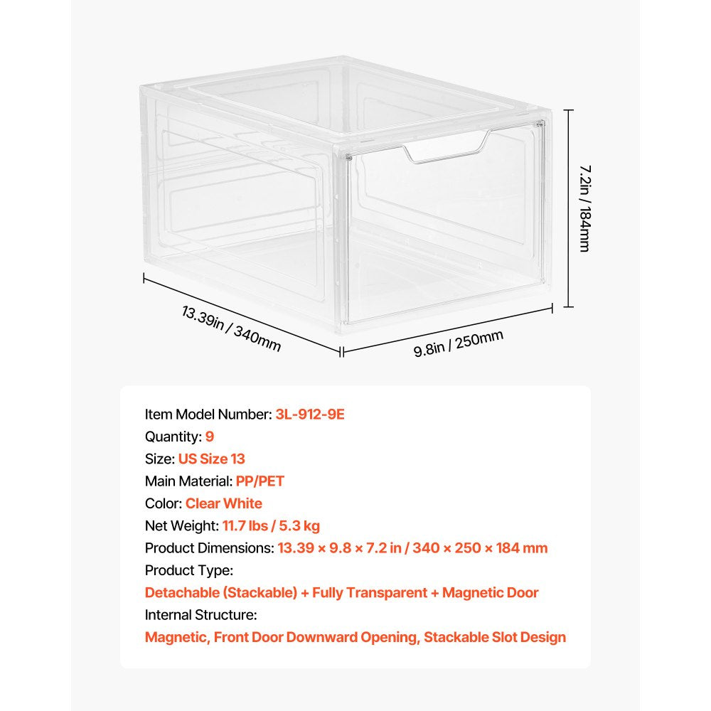 VEVOR Shoe Storage Boxes, 9 Pack Clear Stackable Shoe Boxes Storage Organizers with Magnetic Door, Fit up to US Size 13, Plastic Sneaker Containers for High Heels, Boots, and Hats, Transparent White